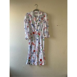 Vintage abstract colorful puff sleeve midi shirt dress size‎ medium